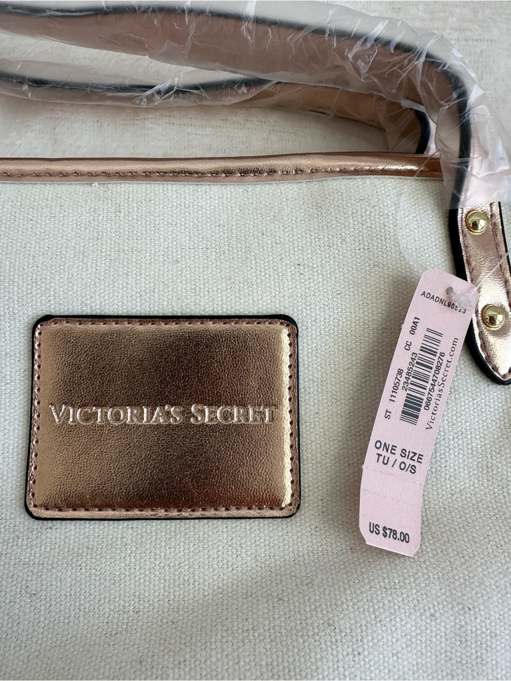 NWT Victoria's Secret Rose Gold Glam Canvas Large Zip Tote Weekender Bag - Picture 2 of 9
